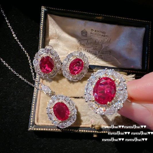 18K Gold Plated Rubellite Damask Rose Jewelry Set | Sotheby's Style CZ Earrings & Necklace