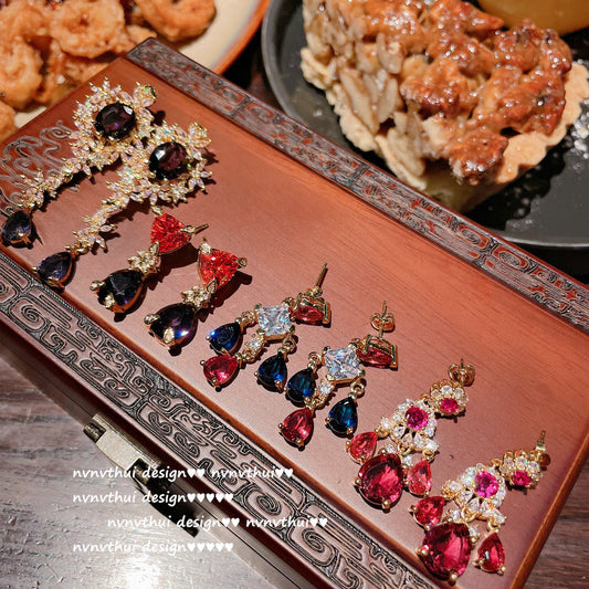 18K Gold Plated Pomegranate Red Ruby Drop Earrings | Grape Purple Zircon Flower Tassel Earrings