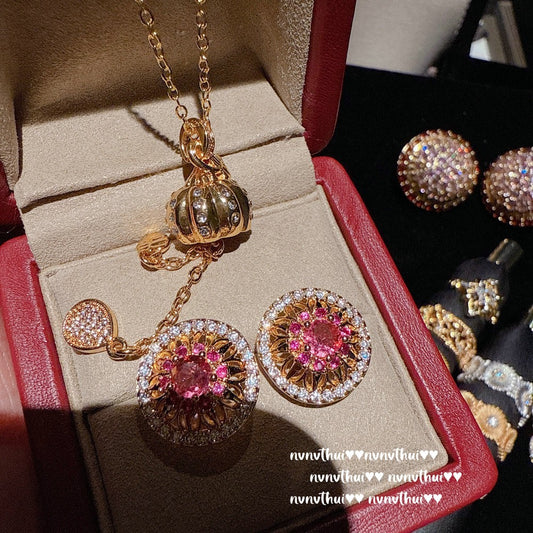 18K Gold Plated Filigree Enamel & Cubic Zirconia Jewelry Collection - Retro Rose Window & Sunflower Statement Pieces