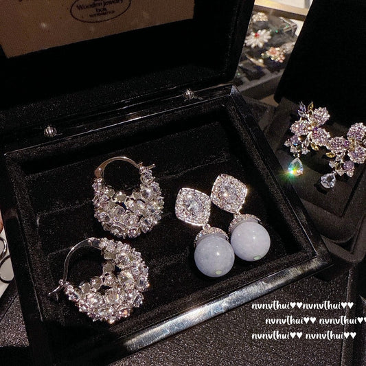 Platinum Plated Honeycomb CZ Hoop Earrings & Vintage Iris Purple Bead Geometric Drop Earrings Set